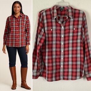 LAUREN RL Plaid Button Up Shirt Cotton Long Sleeve Preppy Equestrian Red L